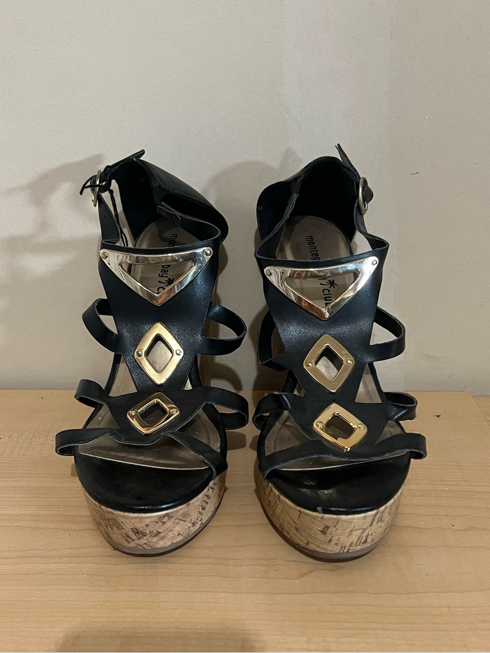 Montego Bay Club Black Wedge Sandals with Cork Platform and Gold Accents